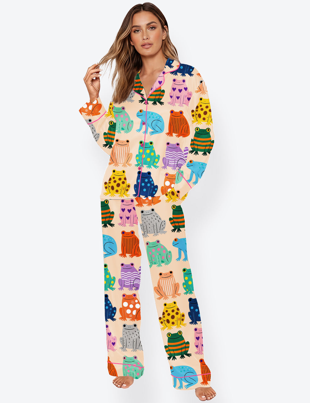 Women’s Colorful Frogs Long Sleeve Satin Pajama Set